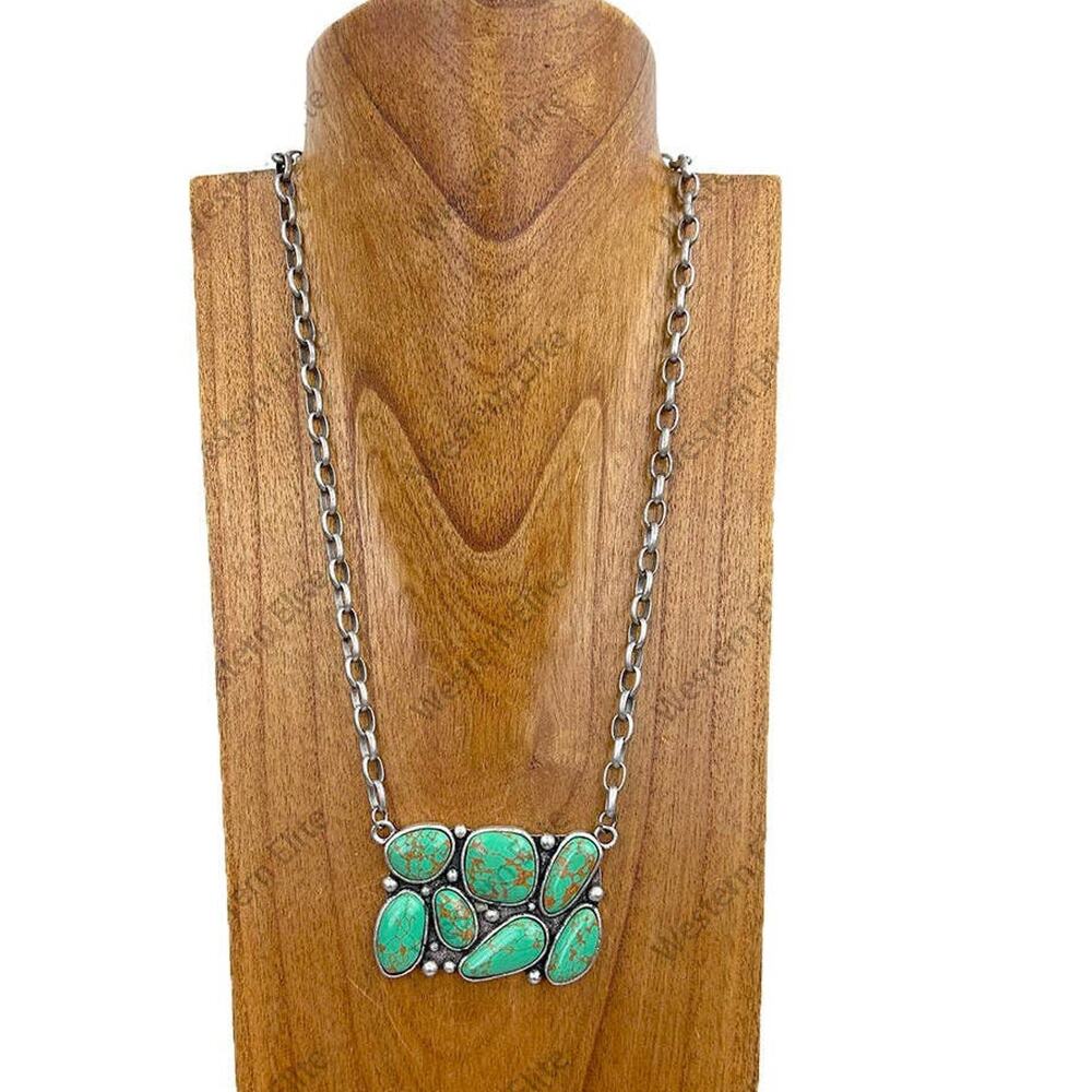 Silver Chain & Green Stone Pendant Necklace | 24"